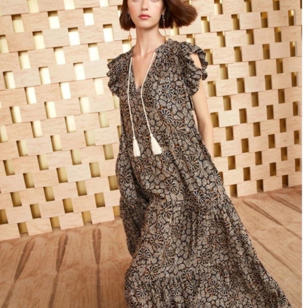 Ulla Johnson Arinella Maxi Dress Smoky Quartz Black Floral Print Tie Size Small